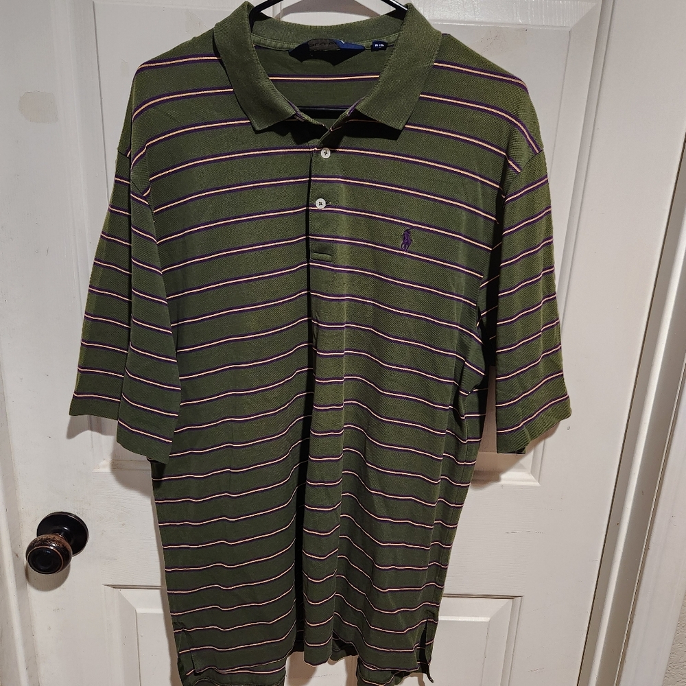Vintage Polo Golf Ralph Lauren Mens Green Stripe Short Sleeve Shirt Large Pima